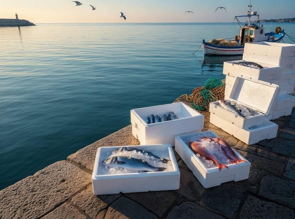 Scena al porto con scatole di polistirolo e pesce fresco